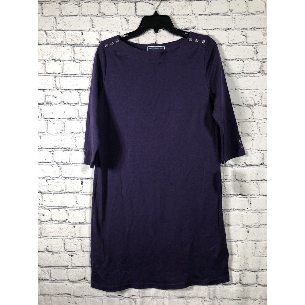 Karen Scott Women 3/4‎ Sleeve Dress Button Accent Boat Neck Purple Petite Large
